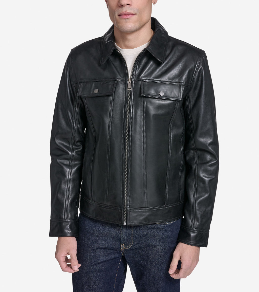 Men's Leather Trucker Jacket-Black