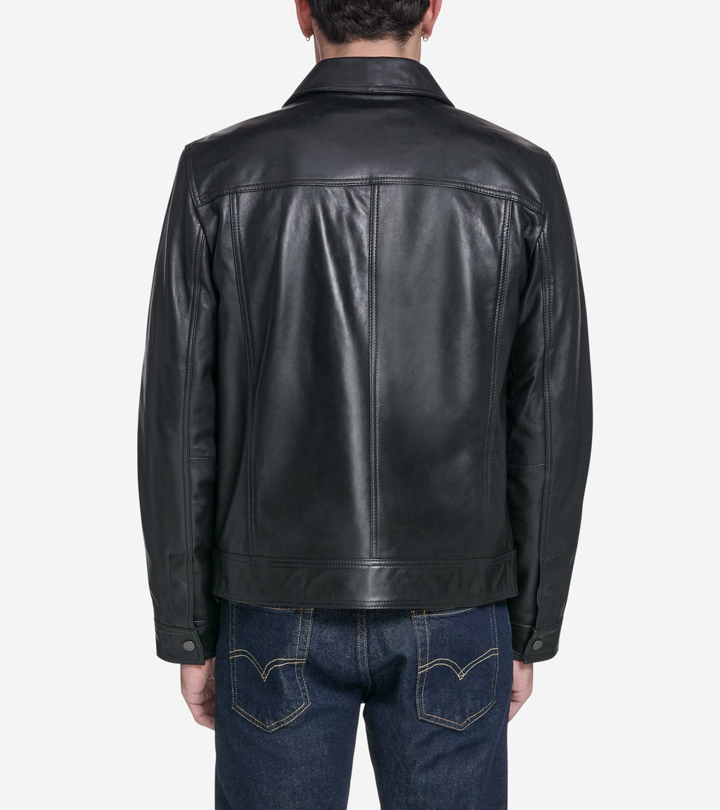 Men's Leather Trucker Jacket-Black