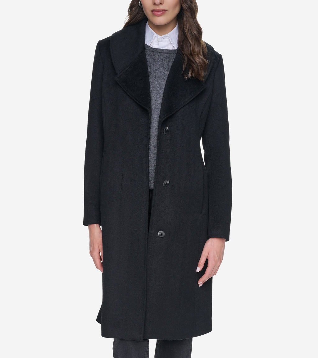 Women's Large Collar Wool Coat-Black