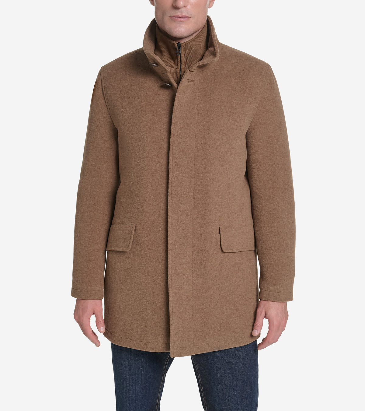 Men's Plush Wool Car Coat with Knit Bib-Camel