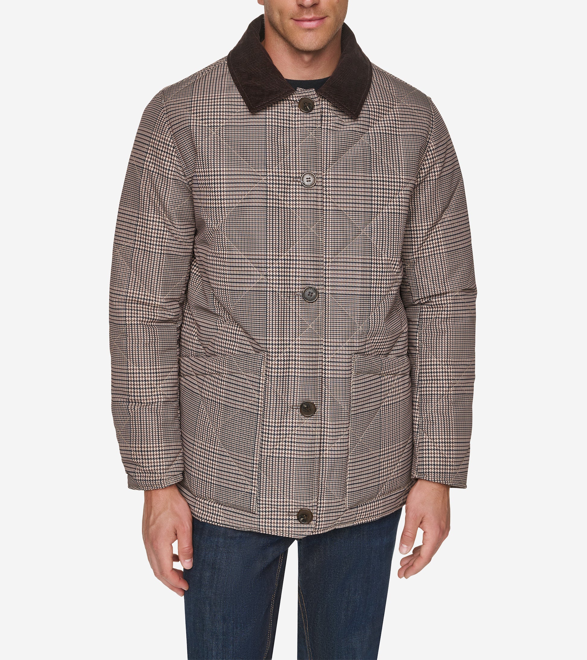 Men's Reversible Plaid Quilted Barn Jacket-Brown Multi