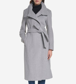 Women's Zip Up Closure Asymmetric Slick Wool Belted Coat-Light Grey