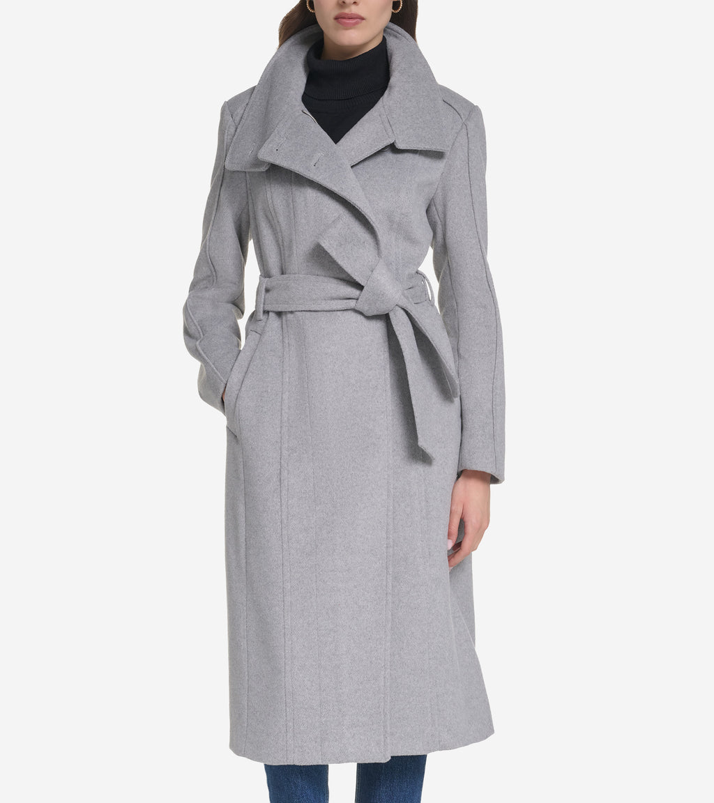 Women's Zip Up Closure Asymmetric Slick Wool Belted Coat-Light Grey
