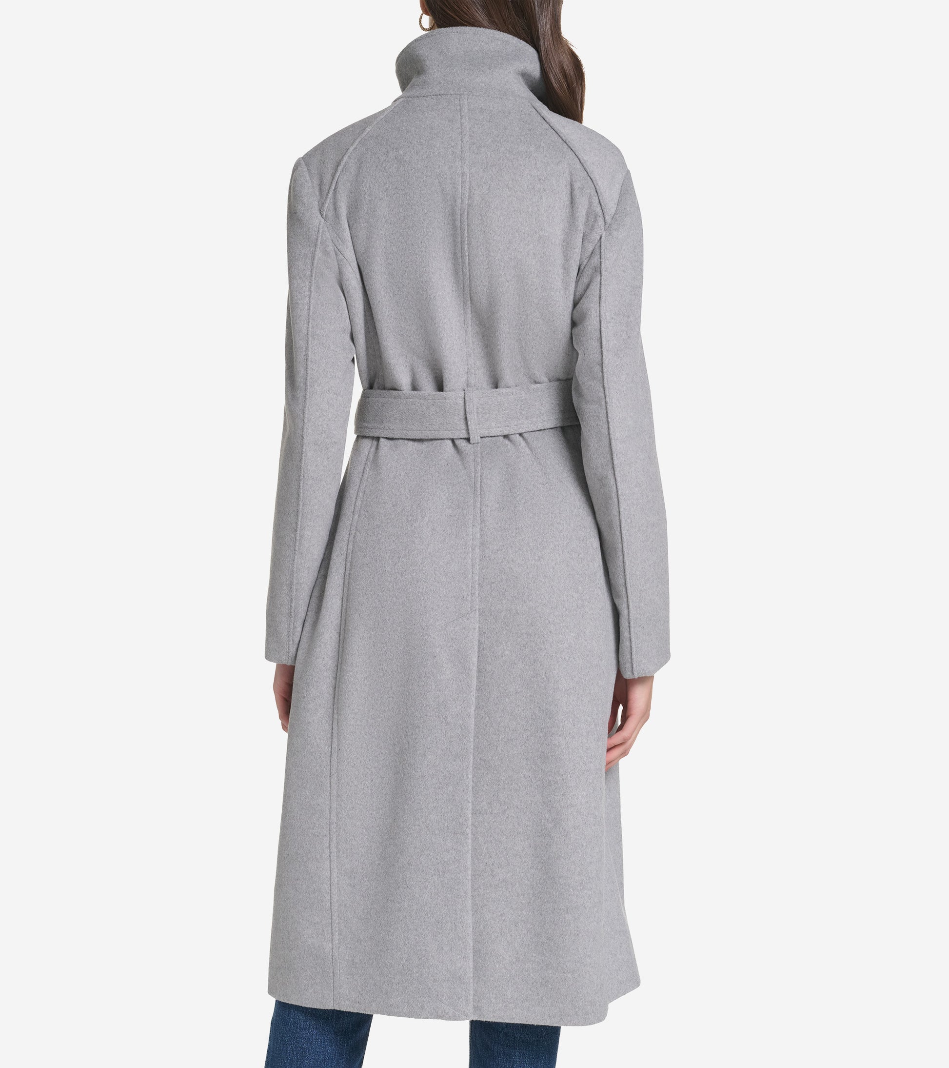 Women's Zip Up Closure Asymmetric Slick Wool Belted Coat-Light Grey