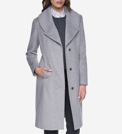 Women's Slick Wool Draped Collar Coat-Light Grey