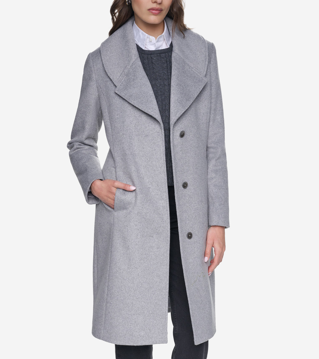 Women's Slick Wool Draped Collar Coat-Light Grey