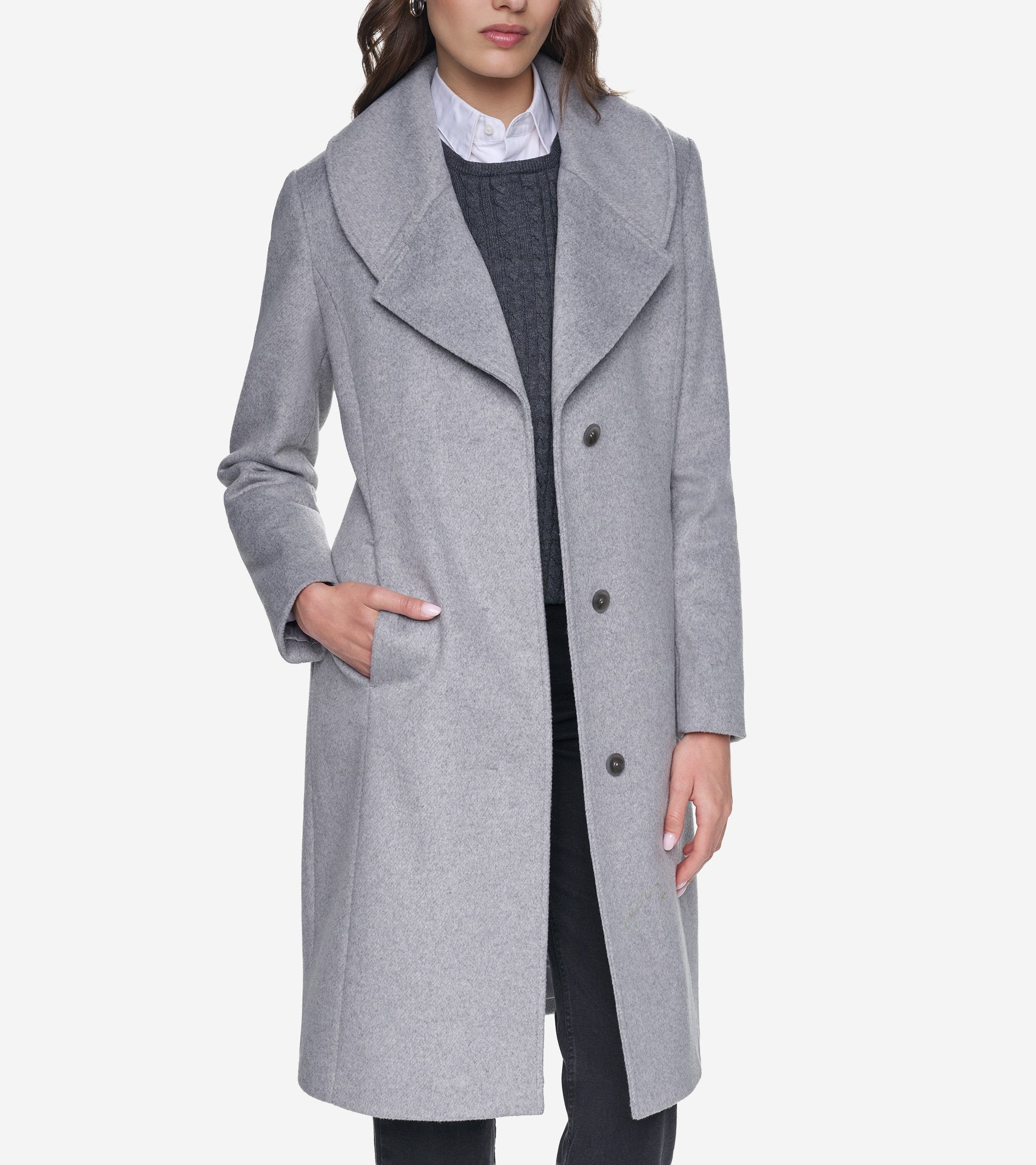 Women's Slick Wool Draped Collar Coat-Light Grey