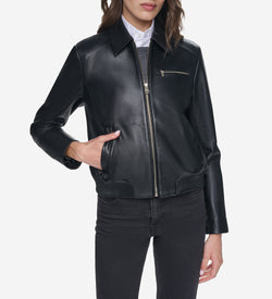 Women's Smooth Leather Bomber Jacket with Chest Pocket-Black