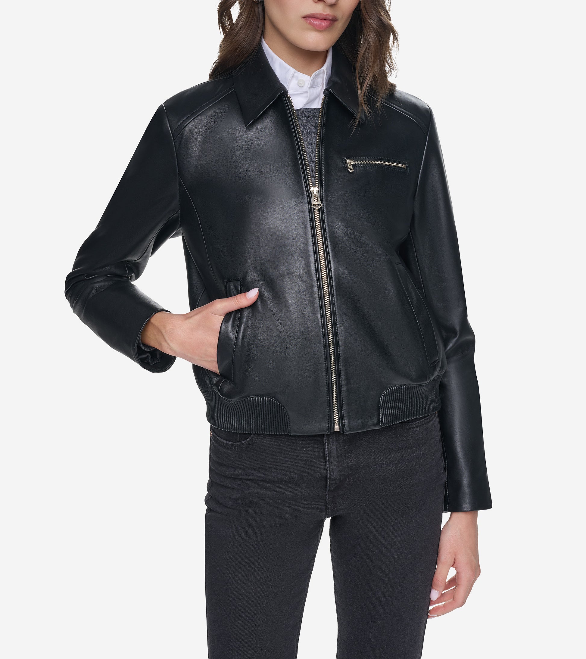 Women's Smooth Leather Bomber Jacket with Chest Pocket-Black