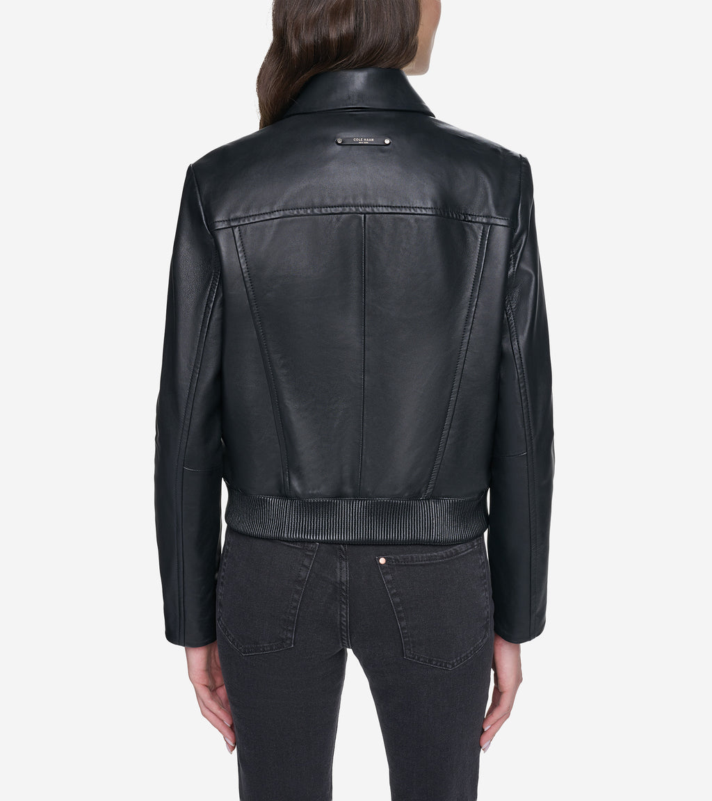 Women's Smooth Leather Bomber Jacket with Chest Pocket-Black