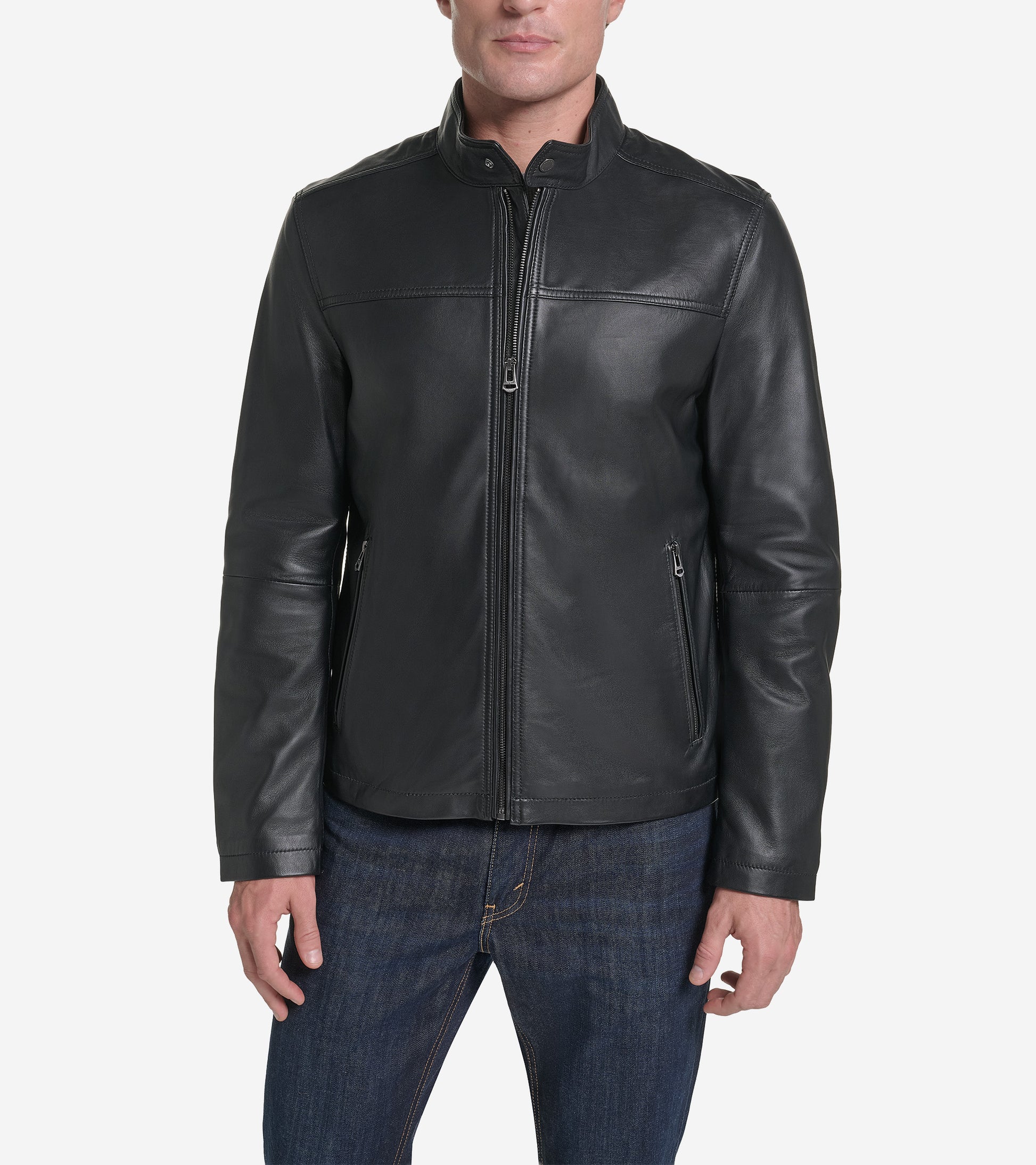 Men's Smooth Leather Racer Jacket-Black