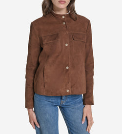 Women's Suede Band Collar Jacket-Chocolate