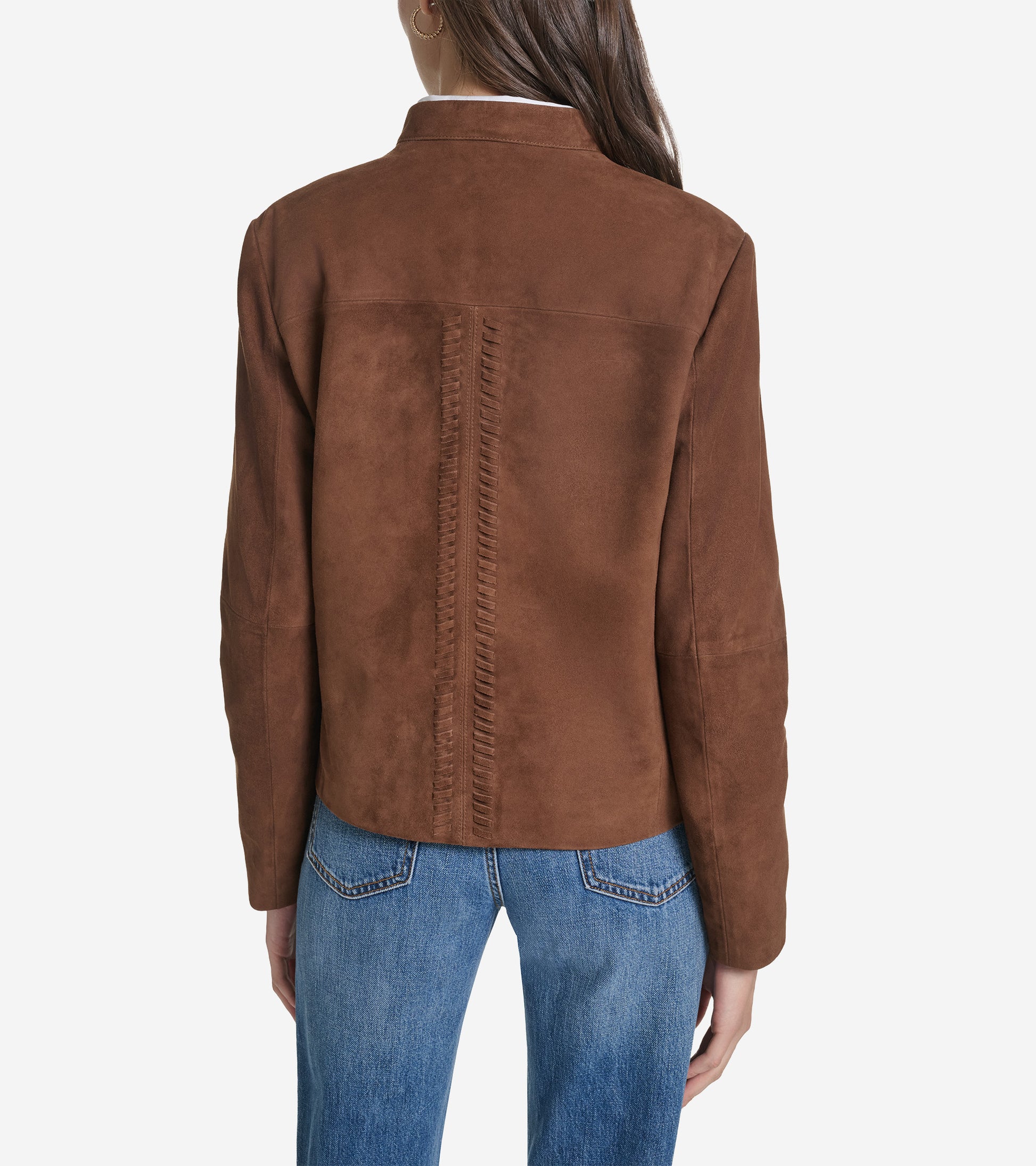 Women's Suede Band Collar Jacket-Chocolate