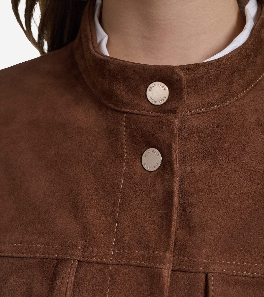 Women's Suede Band Collar Jacket-Chocolate