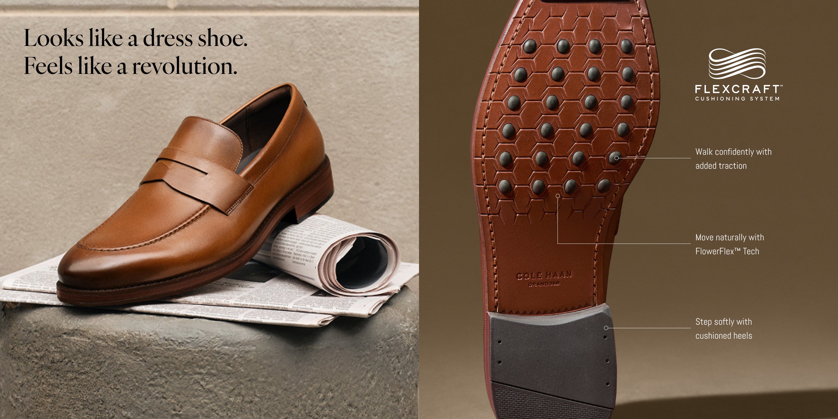 Brown dress shoe on newspaper with Flexcraft branding