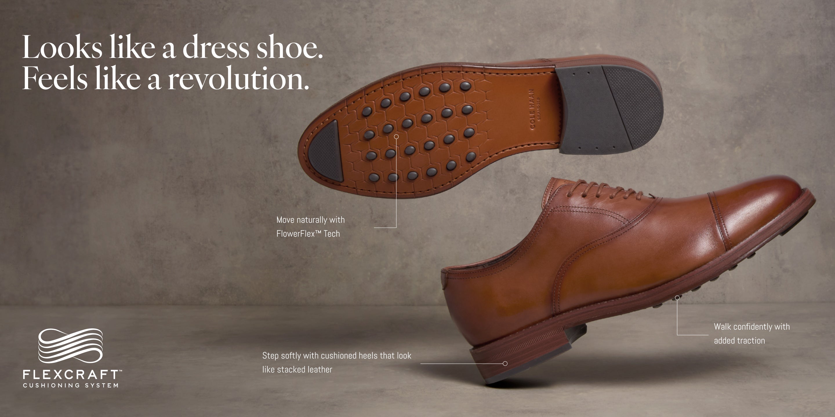 Brown dress shoe with Flexcraft branding on a gray background