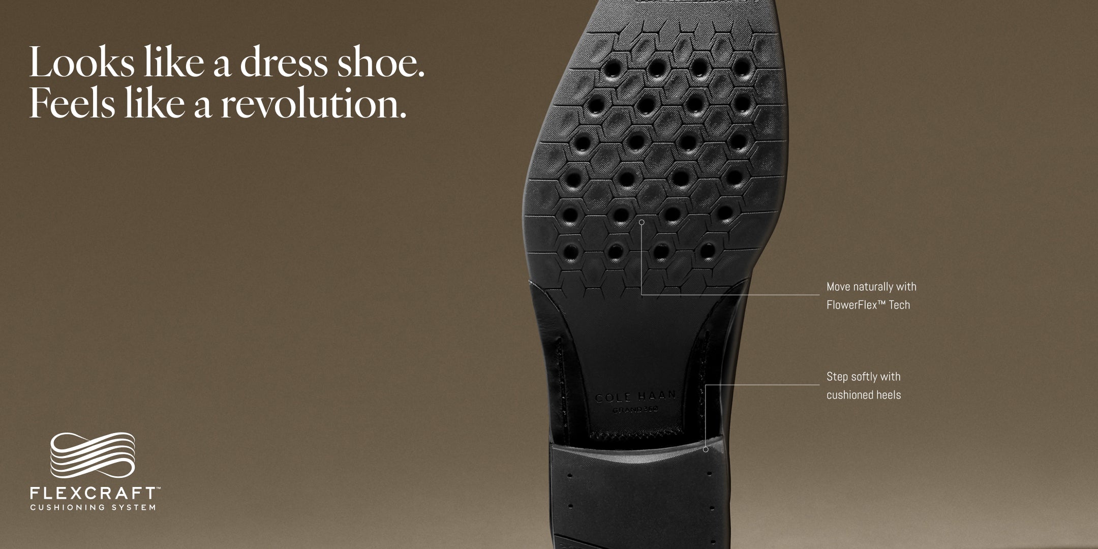 Close-up of a black dress shoe sole with text and Flexcraft logo on a brown background