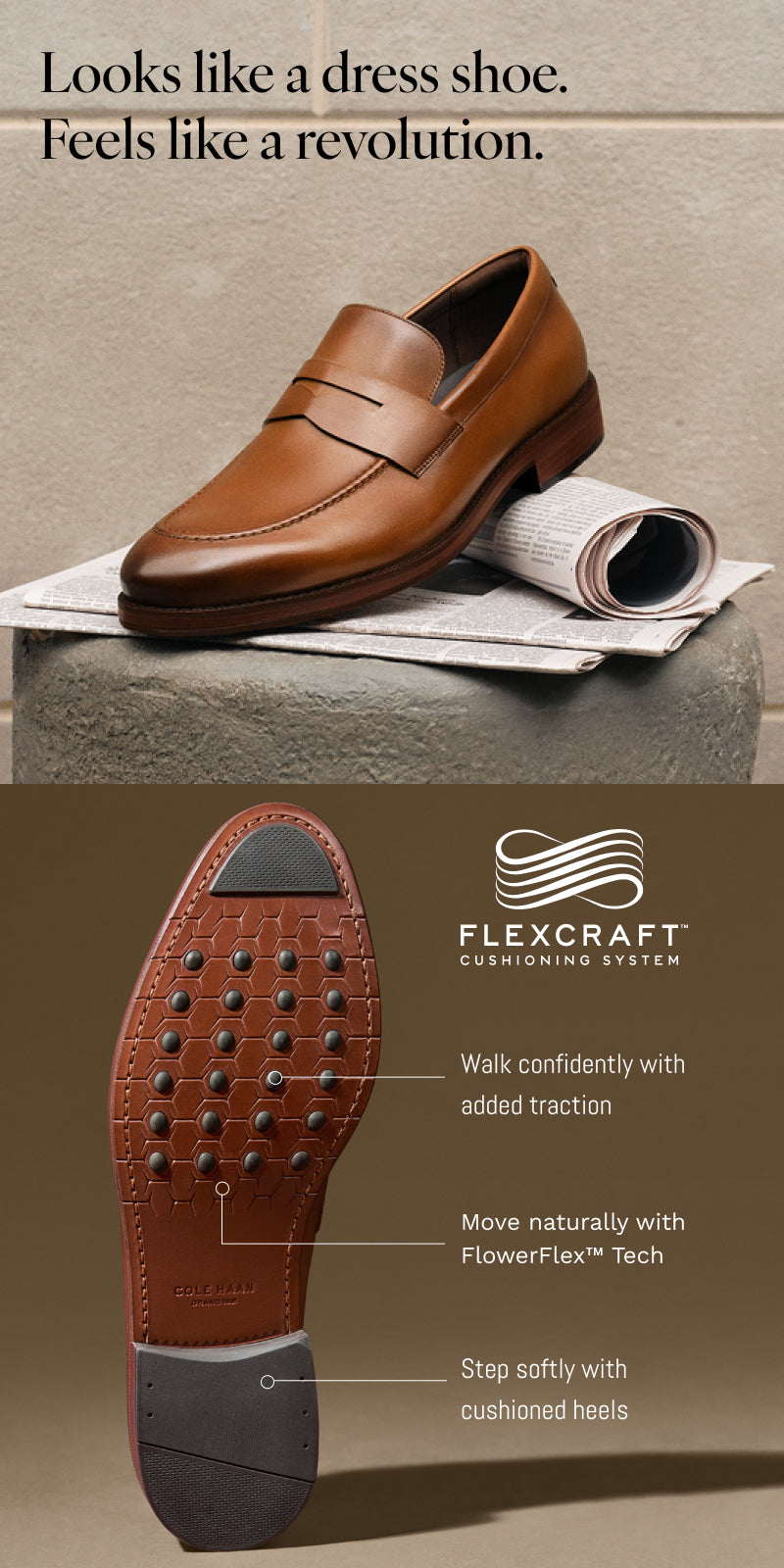 Brown dress shoe on a newspaper with Flexcraft cushioning system details.