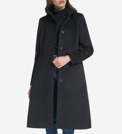 Women's Stand Collar Wool Coat-Black