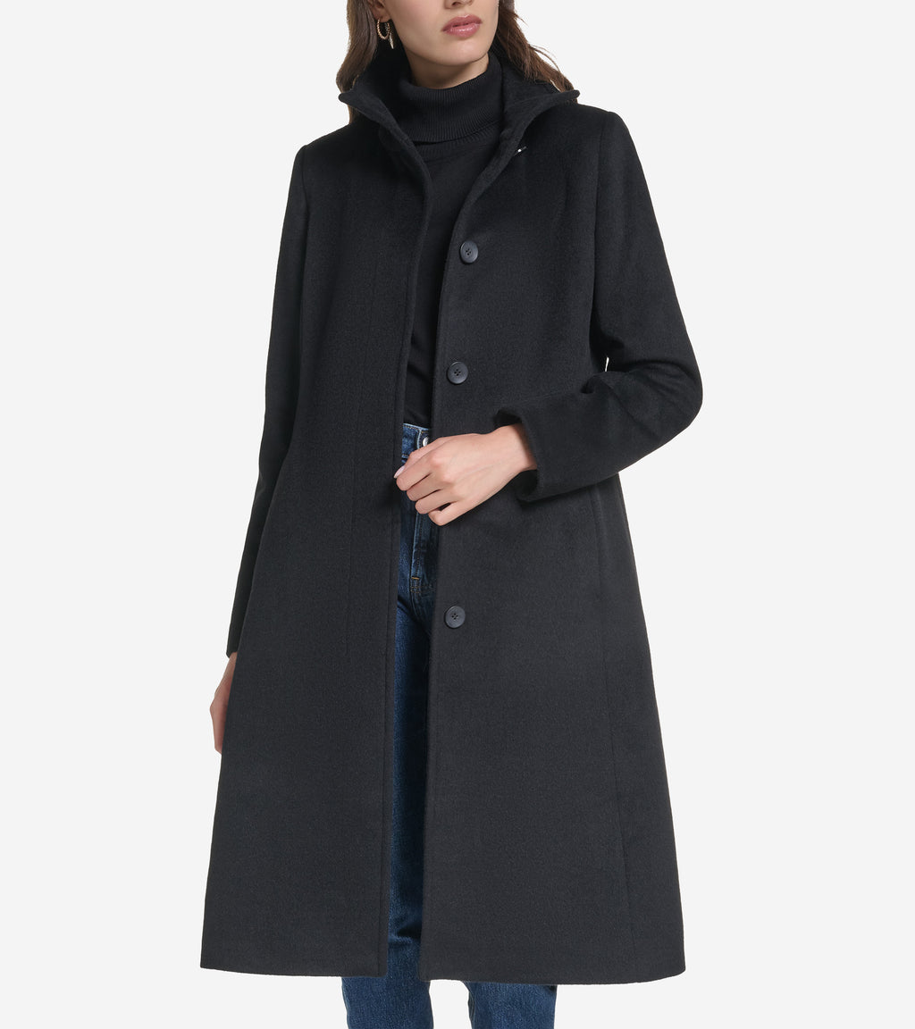 Women's Stand Collar Wool Coat-Black