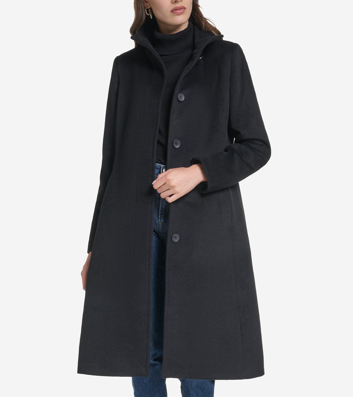 Women's Stand Collar Wool Coat-Black