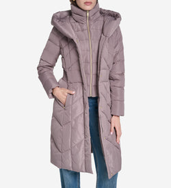 Women's Taffeta Down Coat with Cinched Waist-Cashew