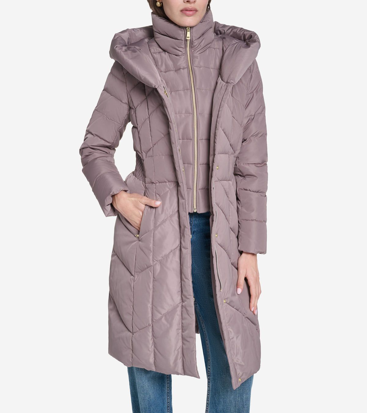 Women's Taffeta Down Coat with Cinched Waist-Cashew