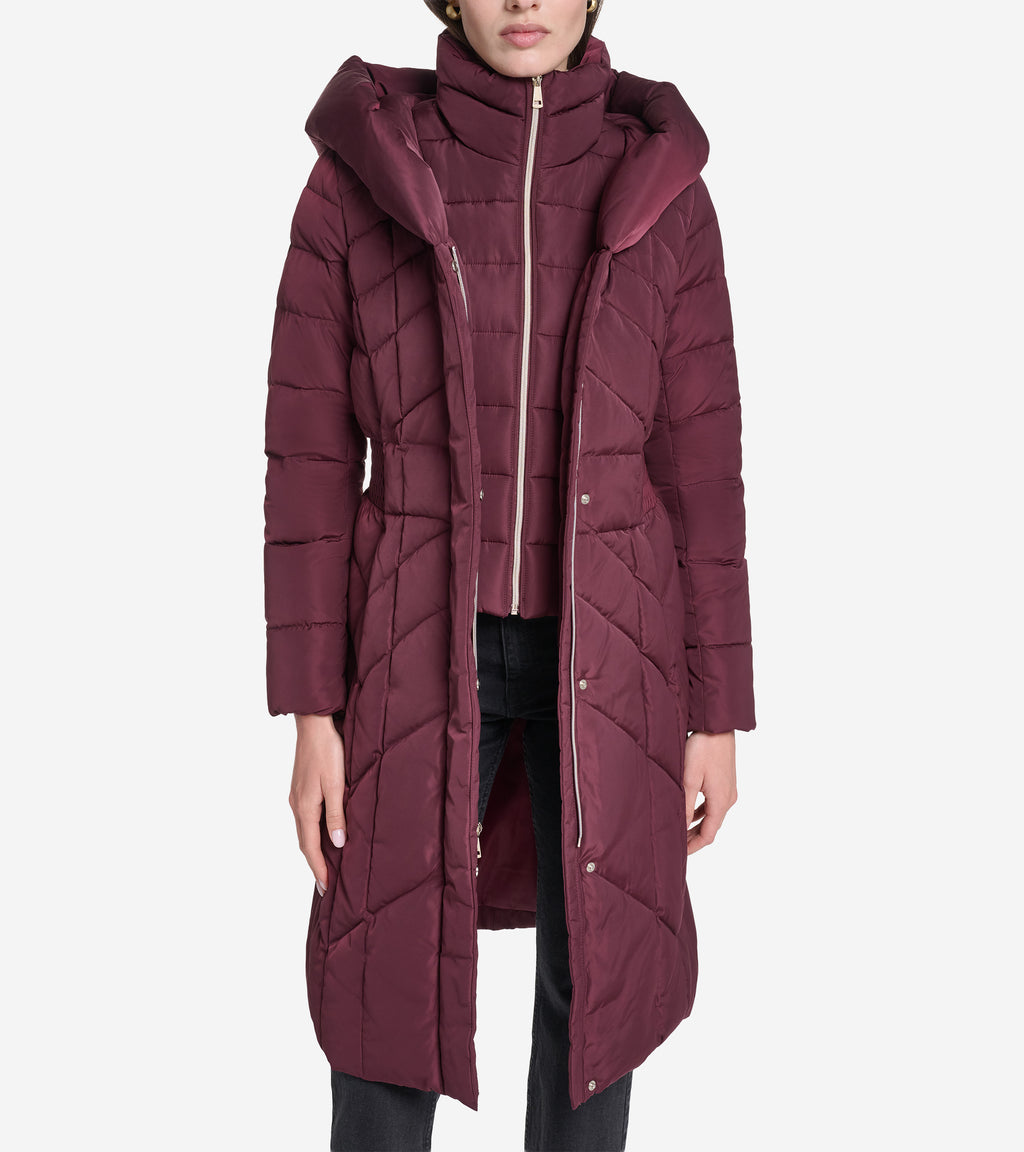 Women's Taffeta Down Coat with Cinched Waist -Burgundy