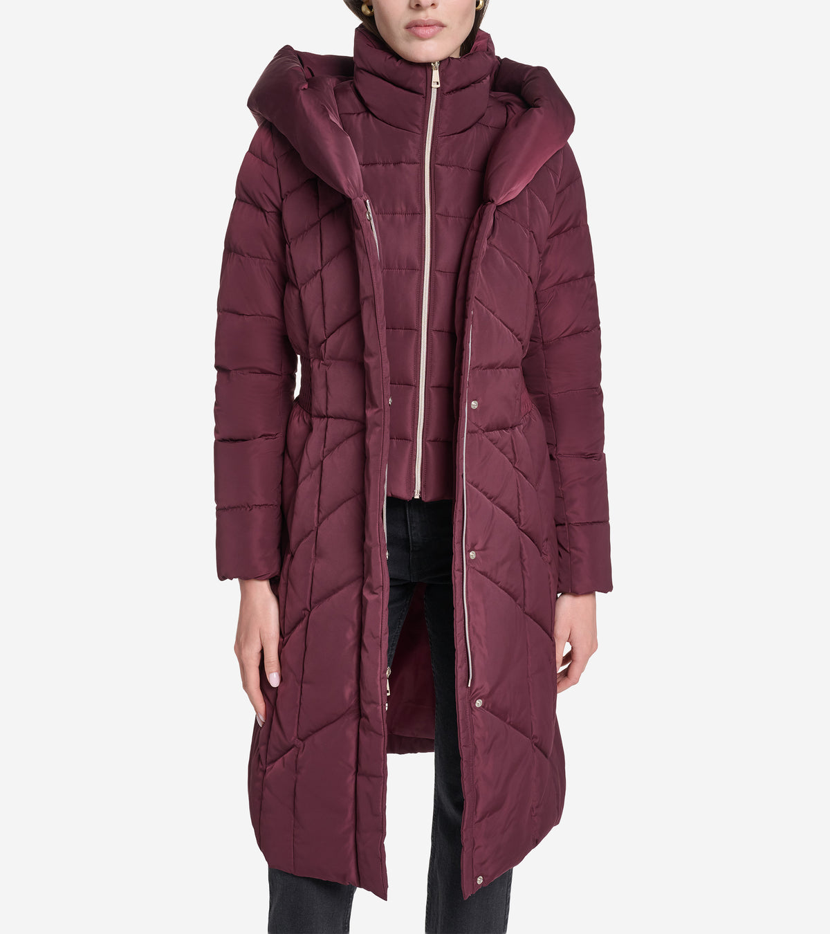 Women's Taffeta Down Coat with Cinched Waist -Burgundy