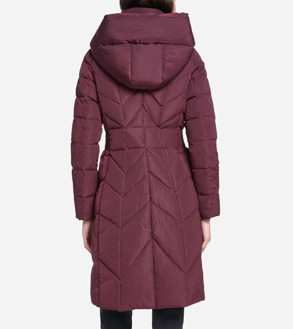 Women's Taffeta Down Coat with Cinched Waist -Burgundy