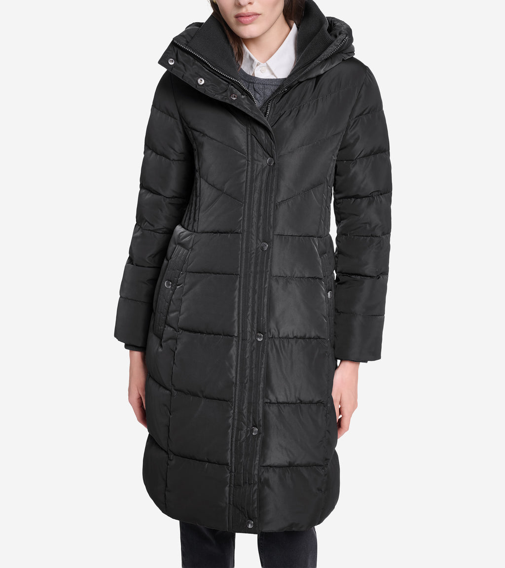 Women's Taffeta Down Coat with Knit Collar-Black