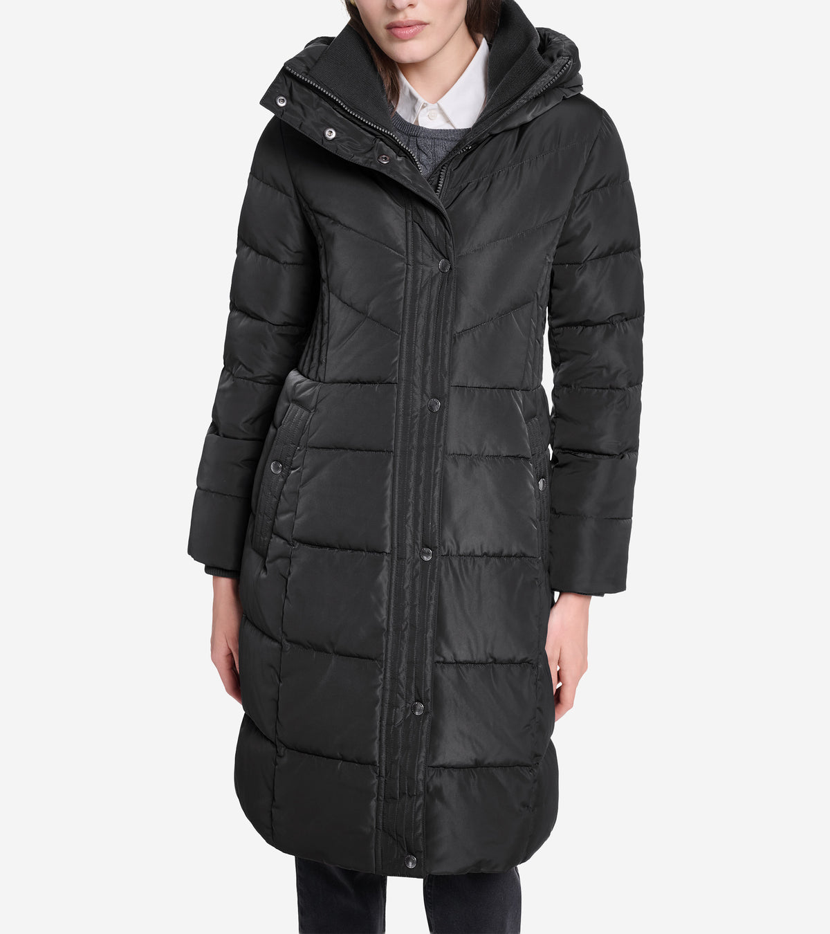 Women's Taffeta Down Coat with Knit Collar-Black