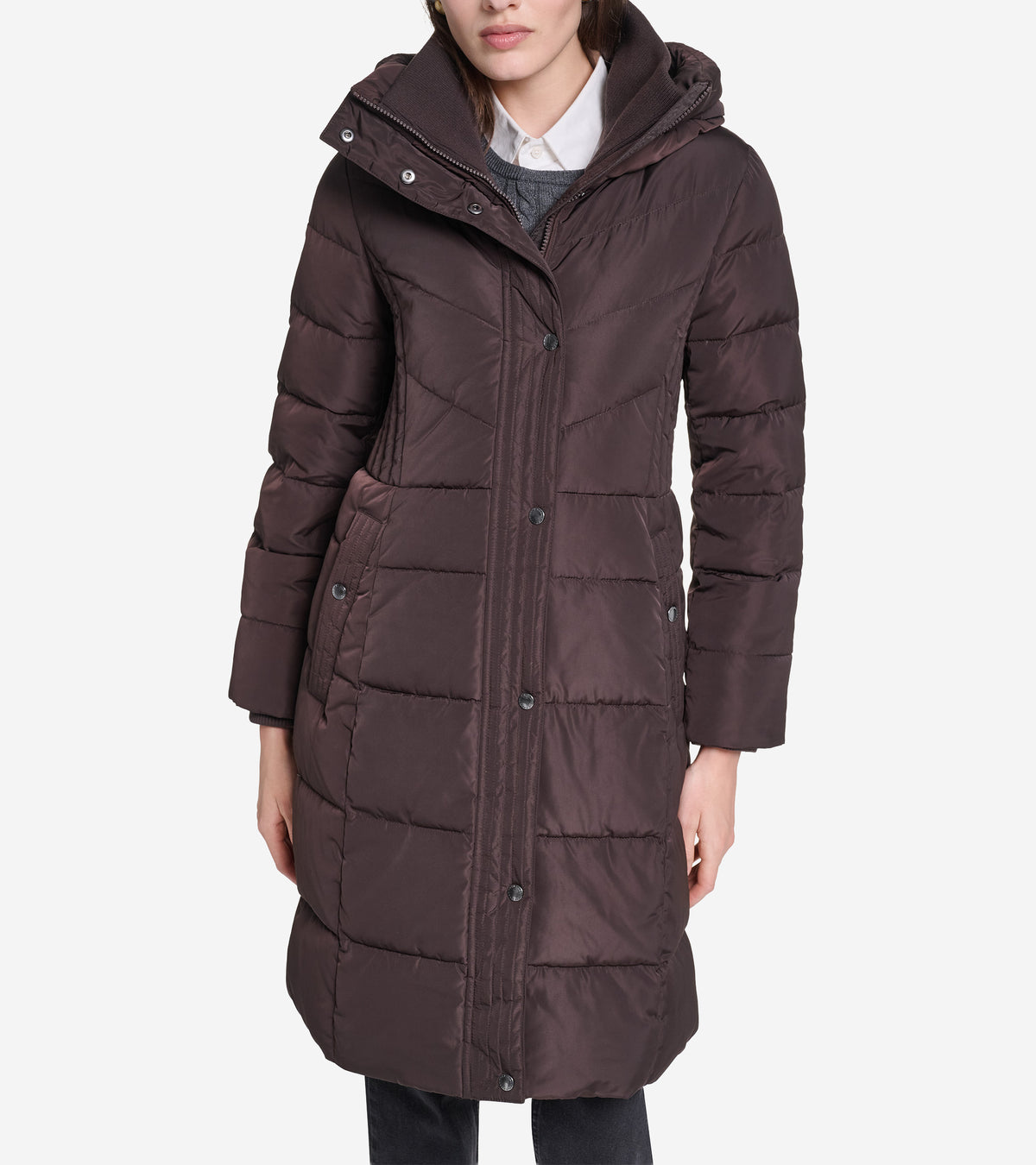 Women's Taffeta Down Coat with Knit Collar-Chocolate
