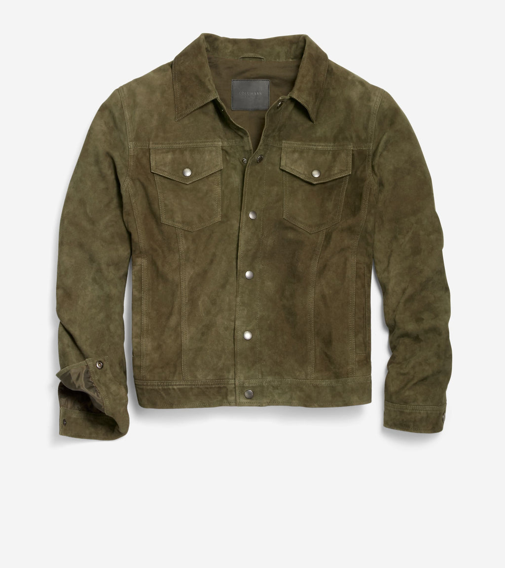 Men's Suede Trucker Jacket-Olive Green