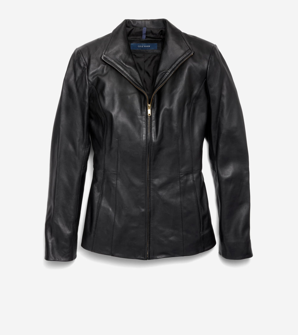 Women's Wing Collar Leather Jacket-Black