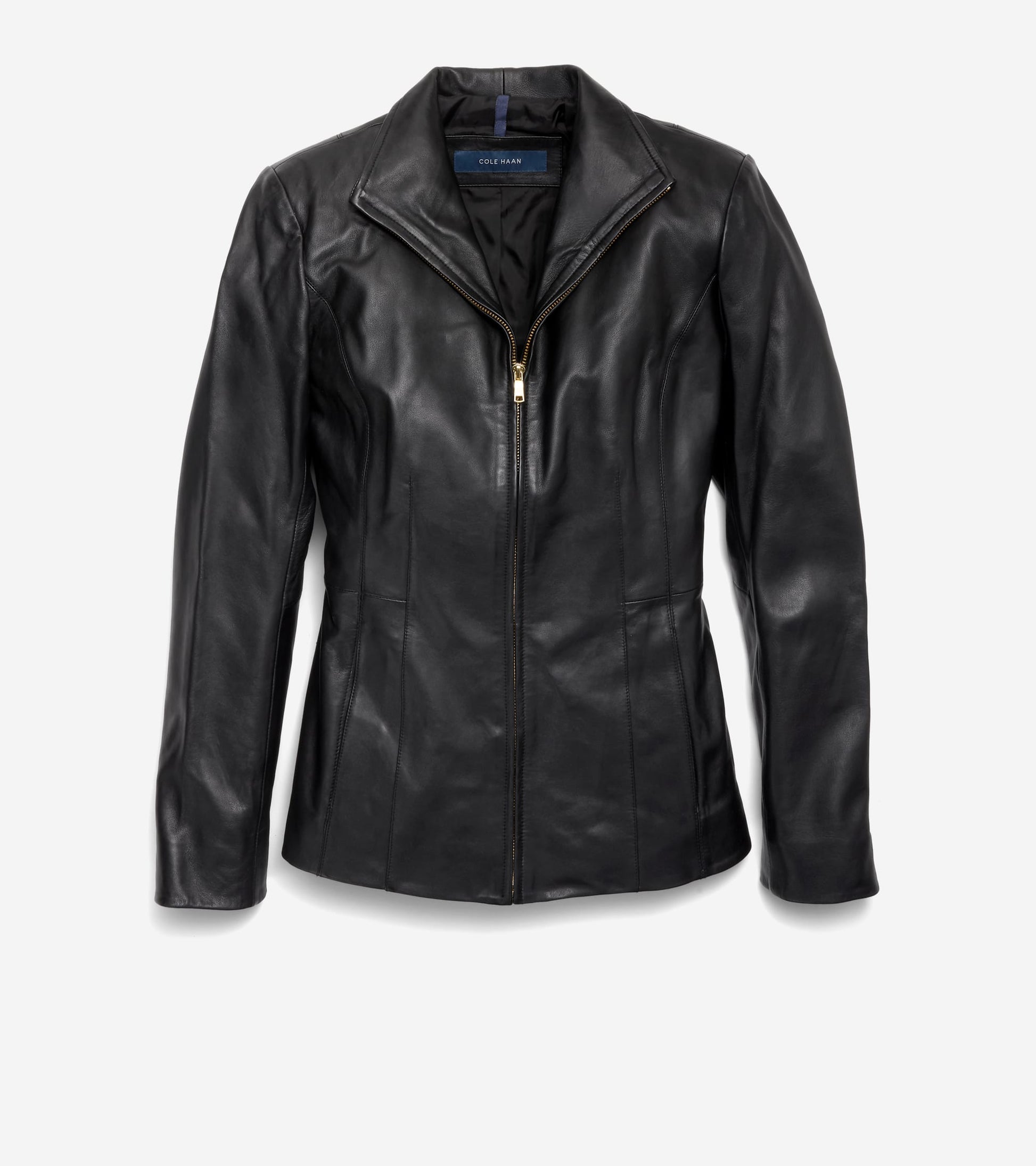 Women's Wing Collar Leather Jacket-Black