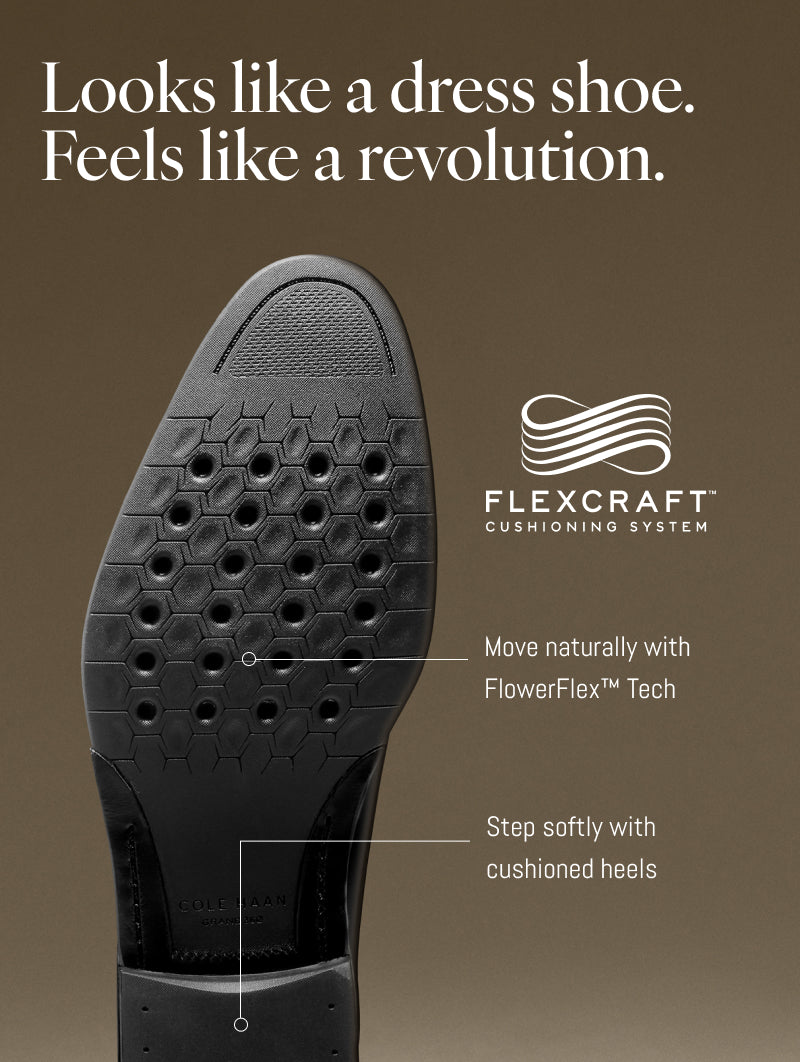 Close-up of a shoe sole with Flexcraft cushioning system text and logo on a brown background