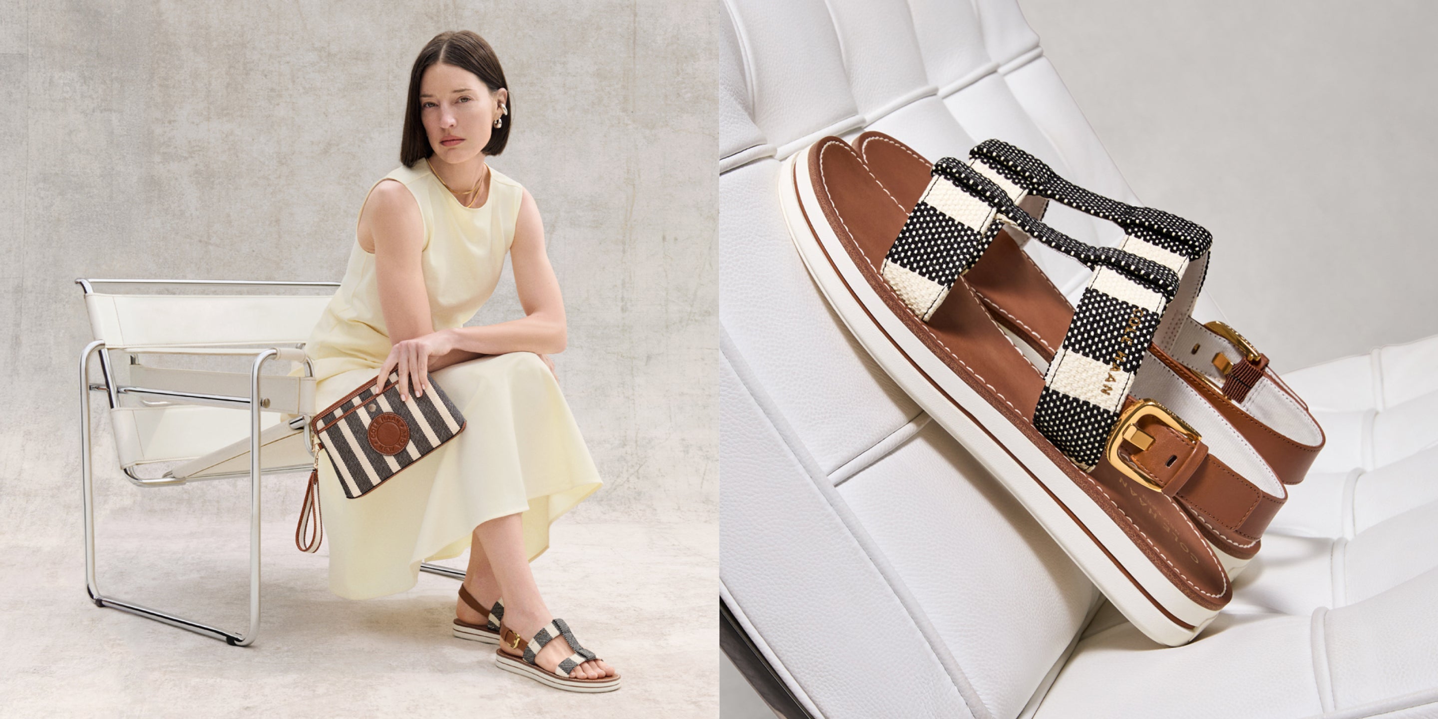 Woman sitting on a chair with a handbag, next to a close-up of a sandal with checkered straps.