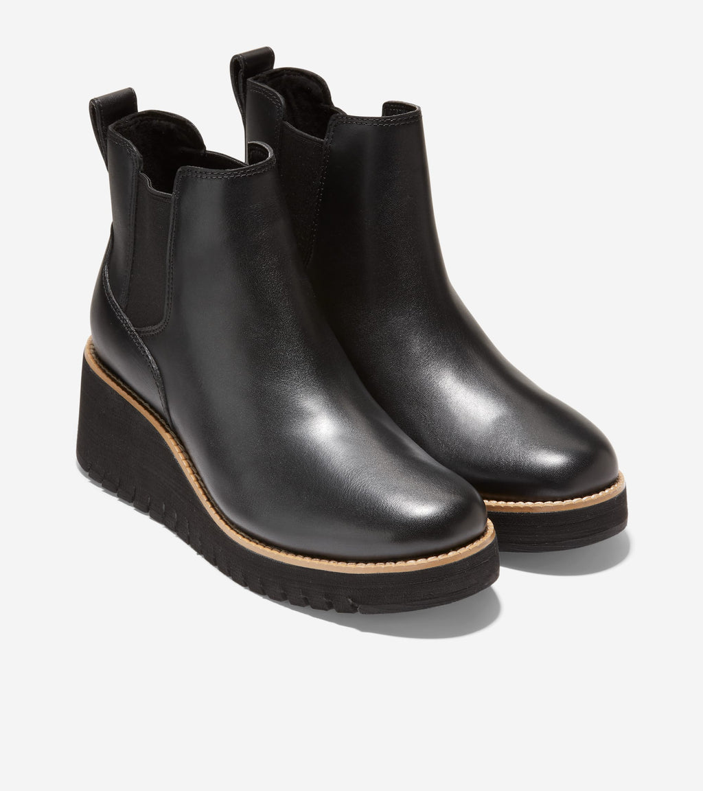 Women's ZERØGRAND City Wedge Waterproof Chelsea Boot-Black Leather