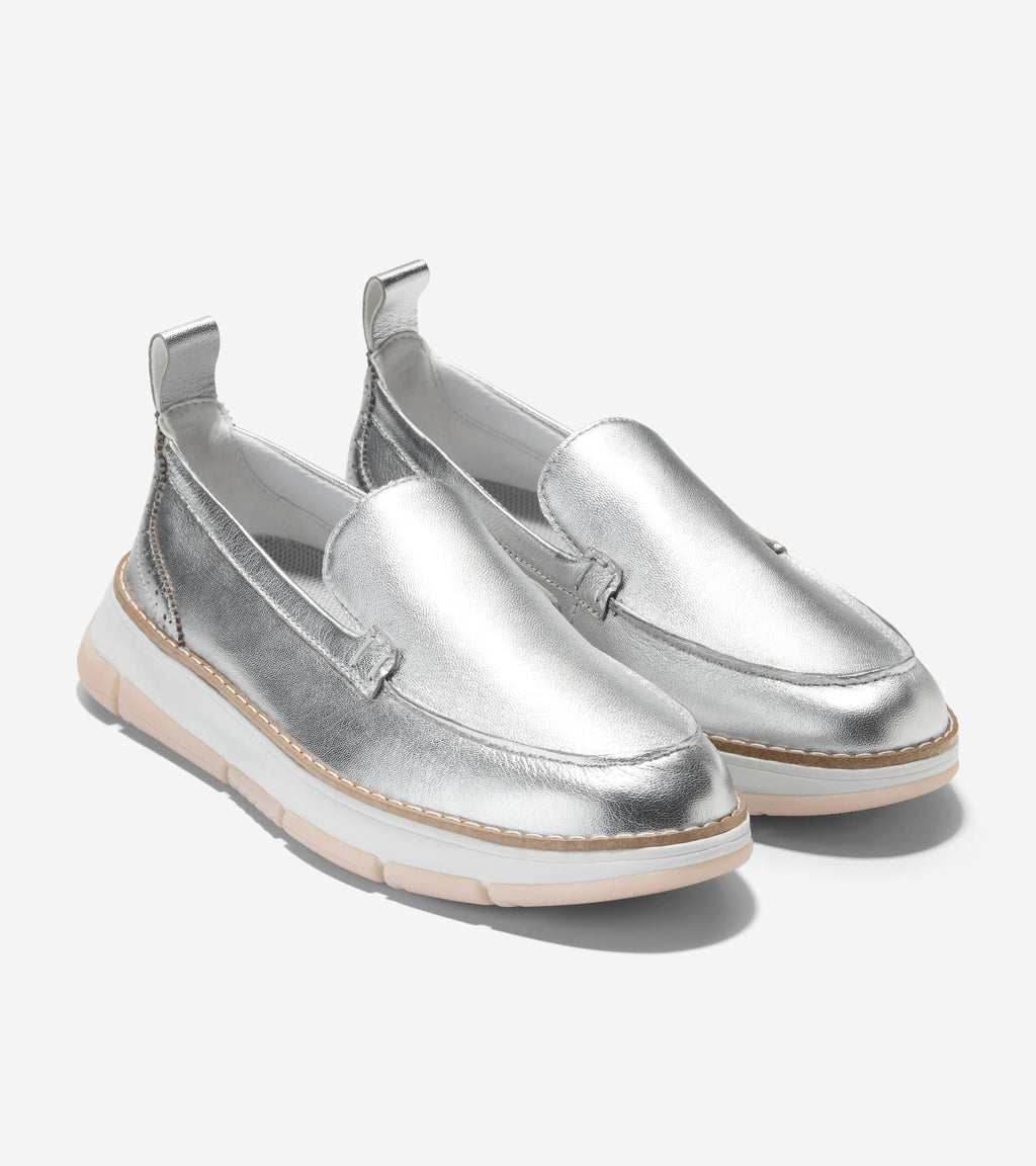 Women's ZERØGRAND Rella Venetian Loafers-Silver Metallic-White