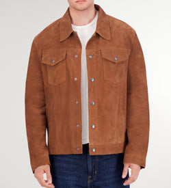Men's Suede Trucker Jacket-Cognac