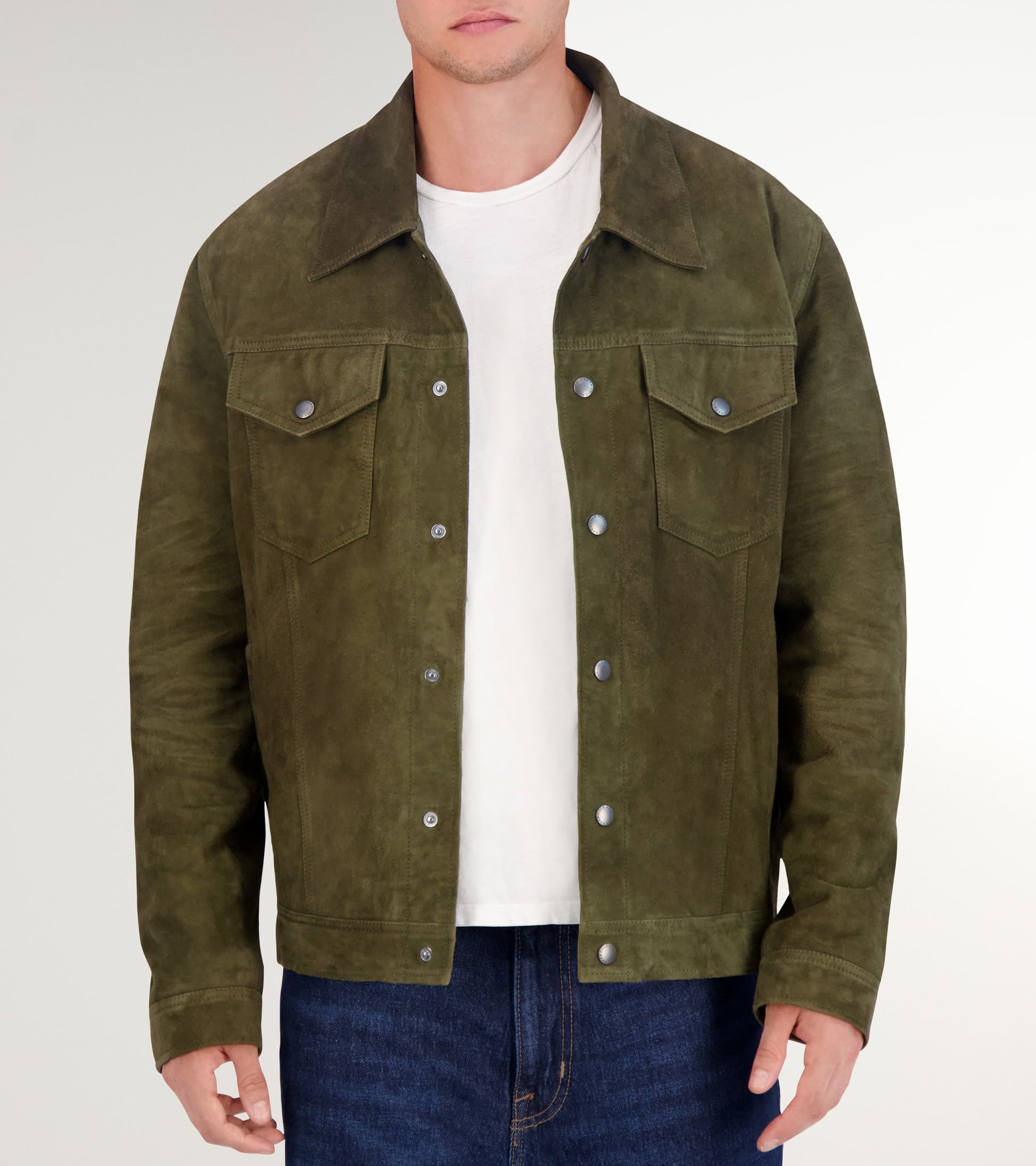 Men's Suede Trucker Jacket-Olive Green