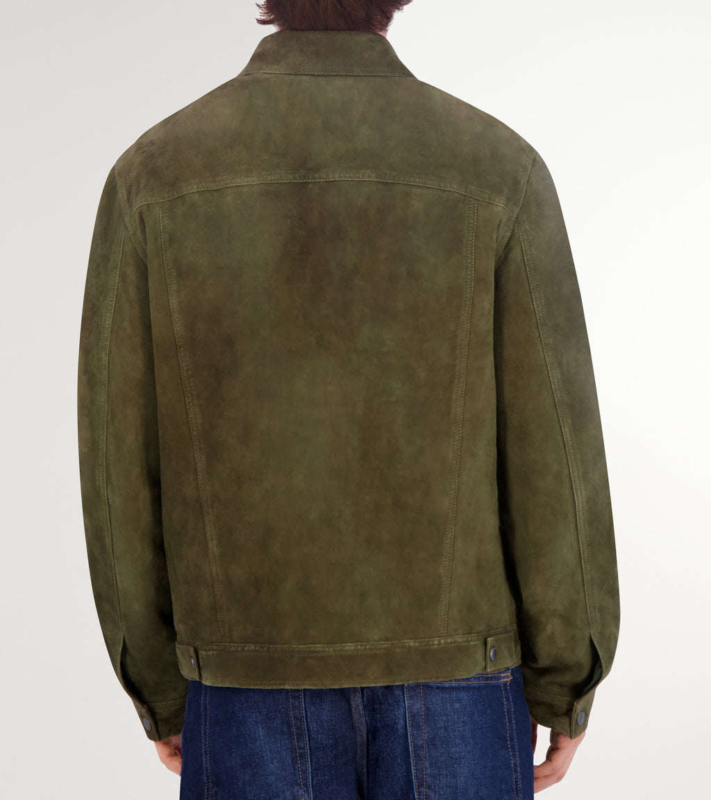 Men's Suede Trucker Jacket-Olive Green