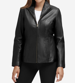 Women's Wing Collar Leather Jacket-Black