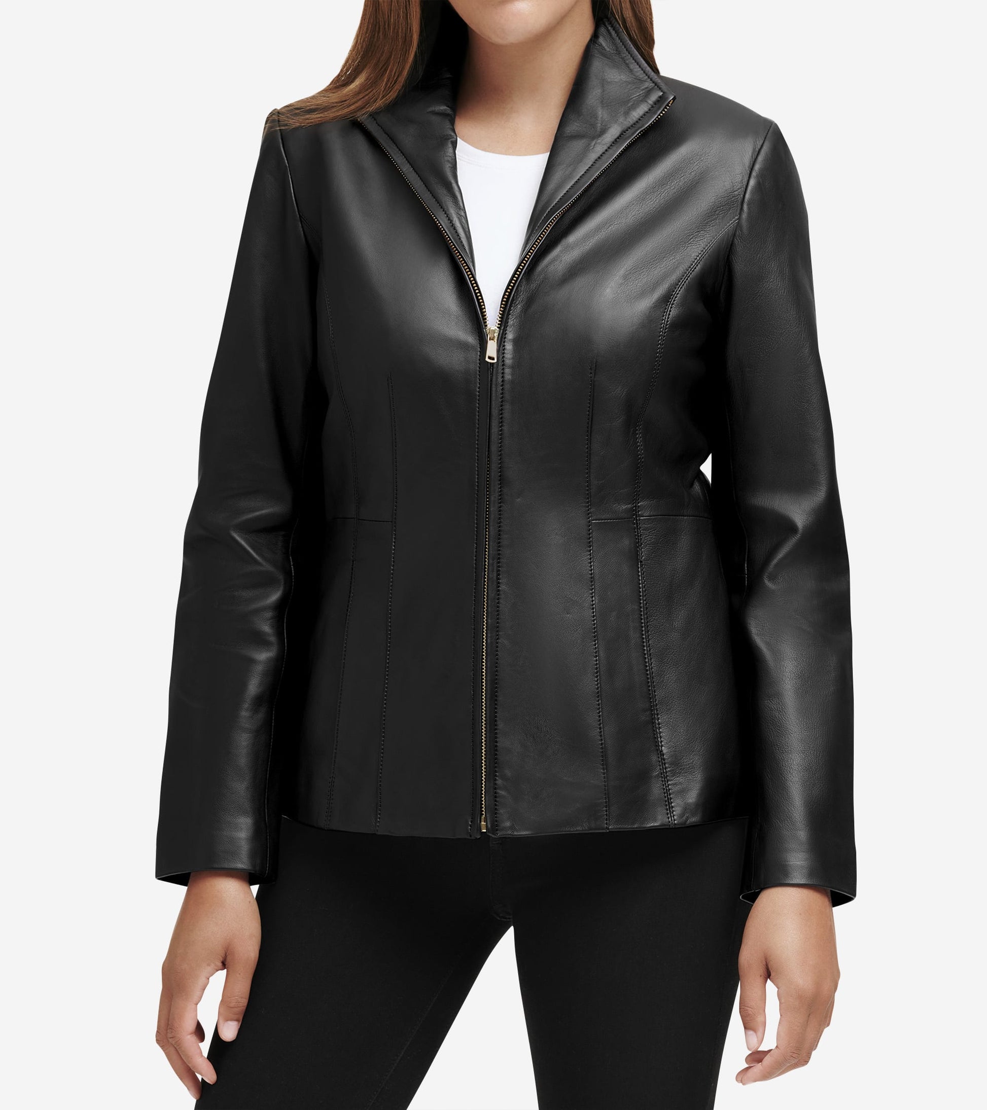 Women's Wing Collar Leather Jacket-Black