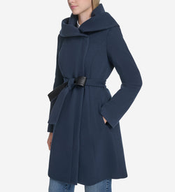 Women's Belted Asymmetrical Zip Front Twill Coat-Navy