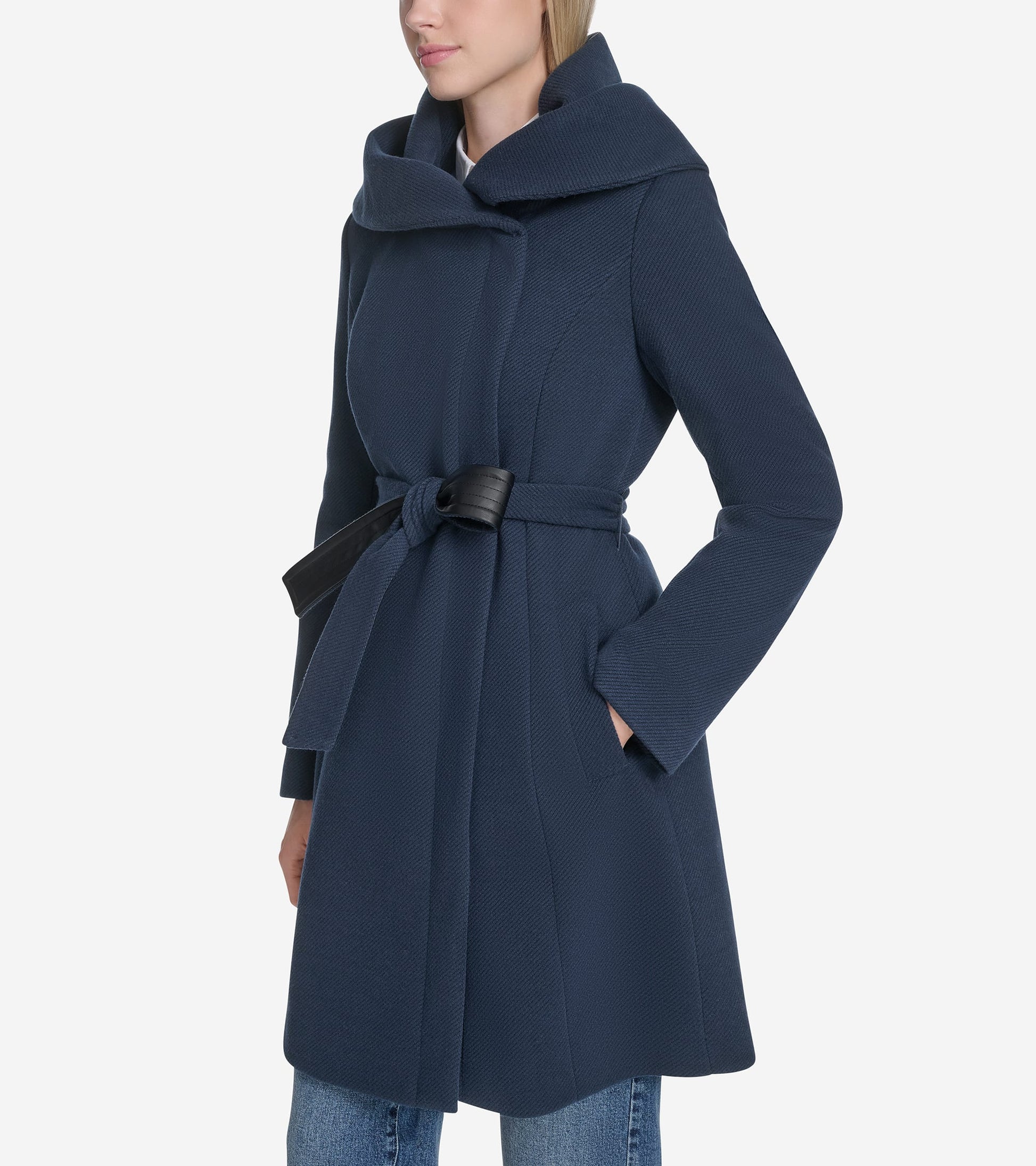 Women's Belted Asymmetrical Zip Front Twill Coat-Navy