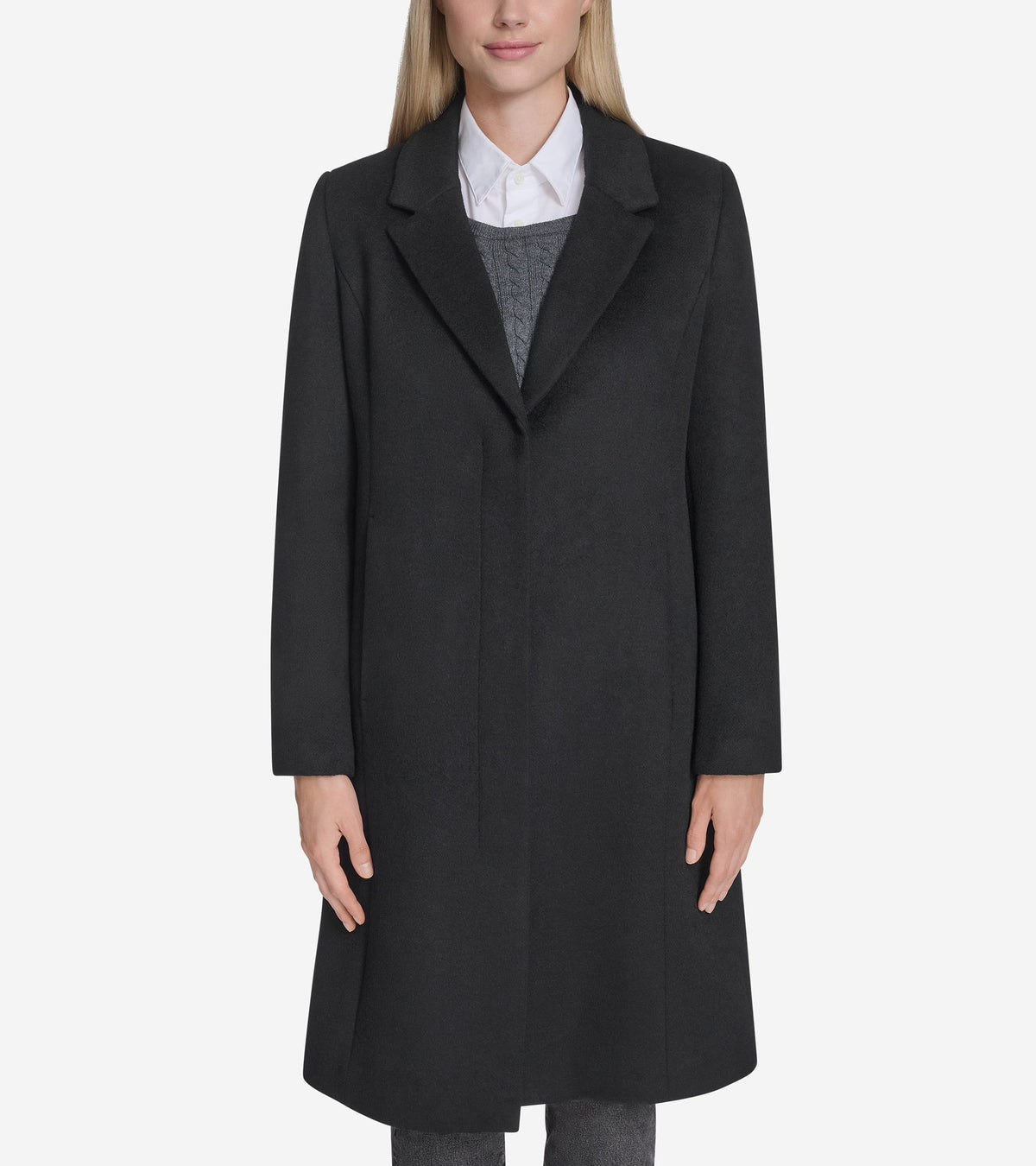 Women's Knotch Lapel Wool Coat-Black