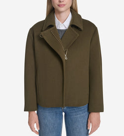 Women's Short Boxy Twill Wool Jacket-Green
