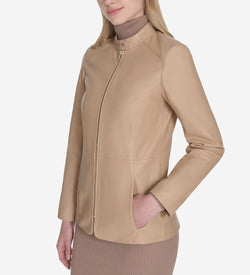 Women's Stand Collar Leather Jacket-Sesame